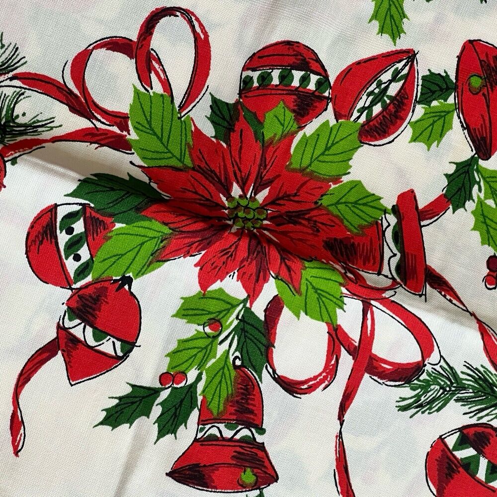 Vtg Christmas Green Red Ornaments 1950s Rockabilly Tablecloth Napkin Set 50x68
